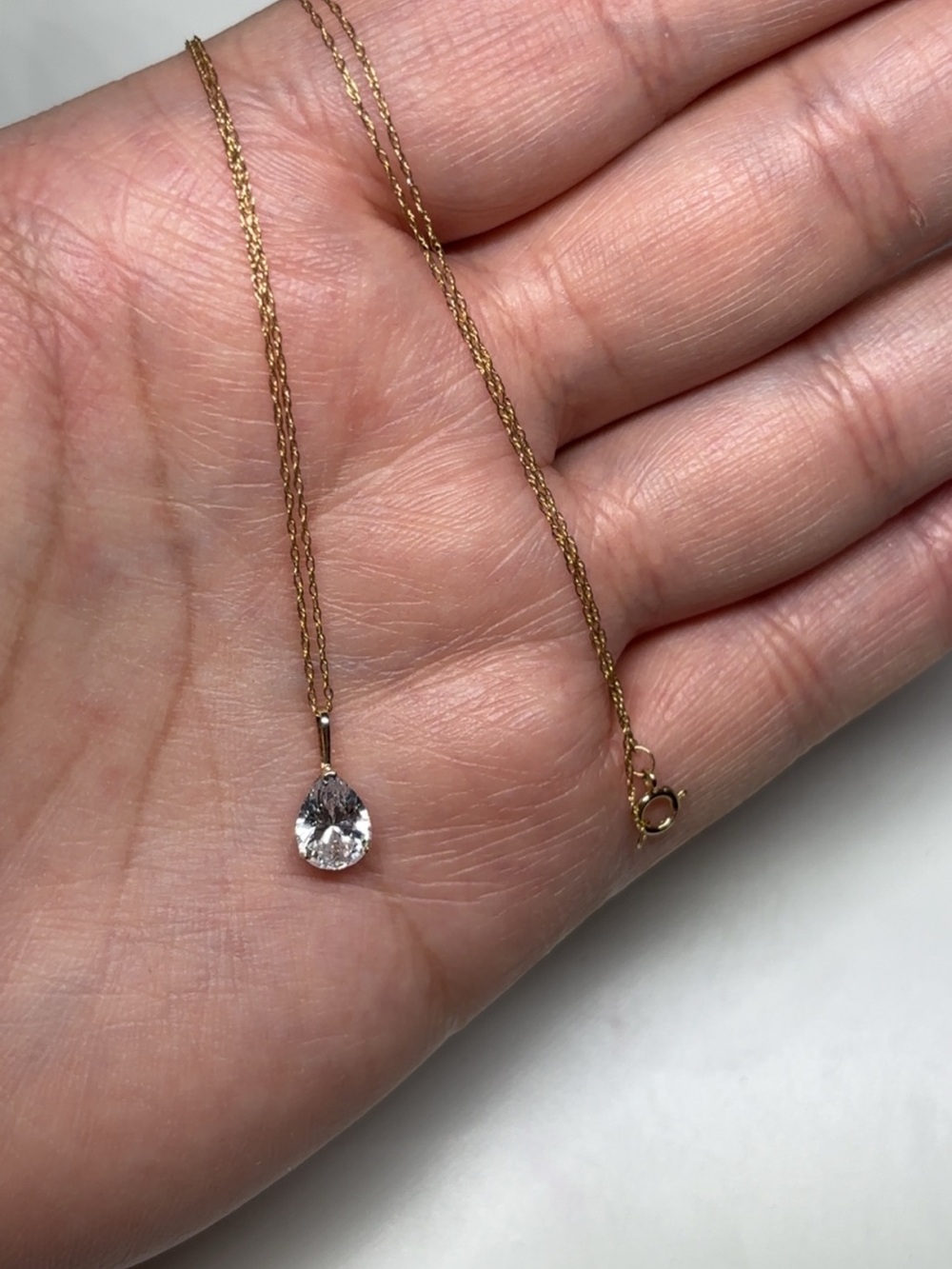10k Solid Gold Teardrop CZ Pendant with 18” Solid Gold Necklace